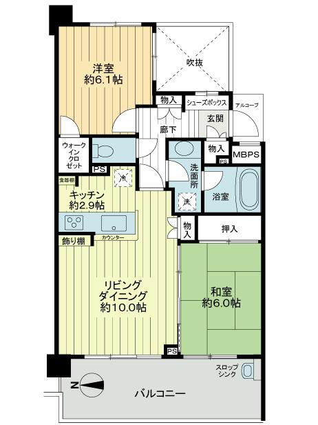 Floor plan. 2LDK, Price 29,800,000 yen, Footprint 58.2 sq m , Balcony area 12.6 sq m