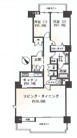 Floor plan. 2LDK, Price 54,900,000 yen, Occupied area 87.09 sq m , Balcony area 17.45 sq m
