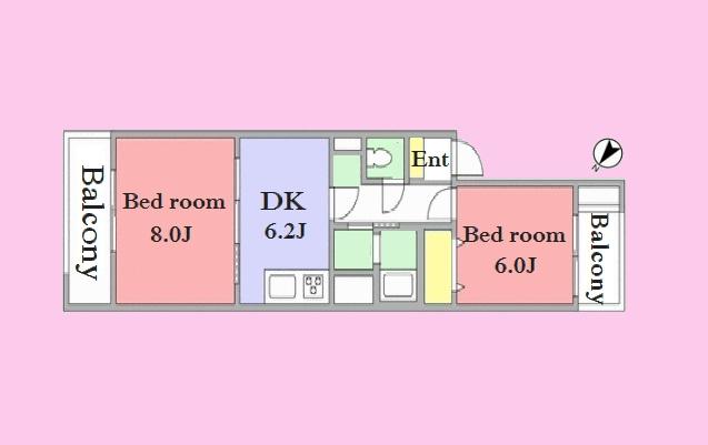 Floor plan. 2DK, Price 20.8 million yen, Occupied area 45.95 sq m , Balcony area 5.72 sq m