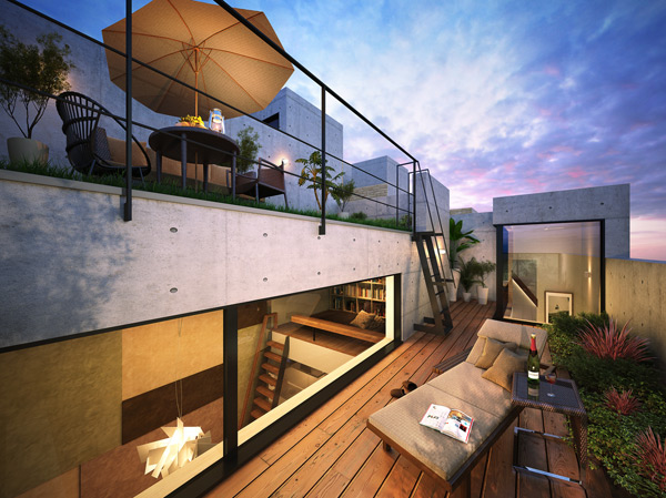 Room and equipment. The light leaking from the garden lights and indoor, "Roof terrace" of Urban impression. In addition to space one step higher, It offers a private space "Roof Garden" of Detached sense.  ※ E 'type / Roof Terrace Rendering (Style ・ Planning specification)