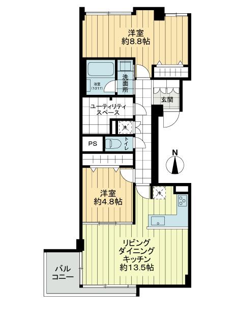 Floor plan. 2LDK, Price 47,800,000 yen, Occupied area 68.68 sq m , Balcony area 5.16 sq m