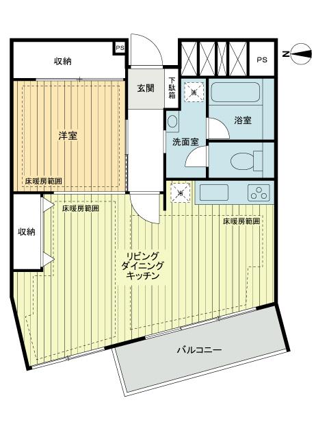 Floor plan. 1LDK, Price 20.8 million yen, Occupied area 44.27 sq m , Balcony area 4.92 sq m Property floor plan