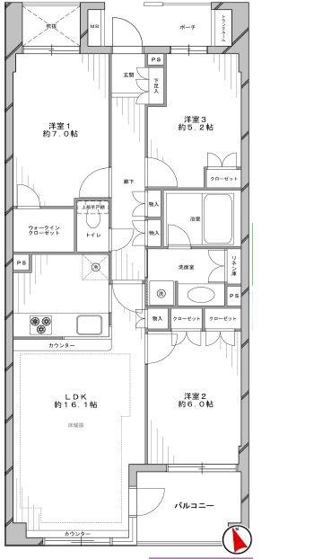 Floor plan. 3LDK, Price 57,800,000 yen, Occupied area 78.42 sq m , Balcony area 6 sq m