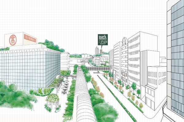 Futakotamagawa Station main street around the concept illustrations. There ahead of this road is the <Park Homes Futakotamagawa Hilltop>.  ※ Height and distance of the building, Positional relationship, Difference in height of the land is slightly different actual and