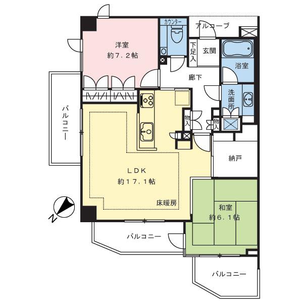 Floor plan. 2LDK, Price 61,800,000 yen, Occupied area 76.25 sq m , Balcony area 16.04 sq m
