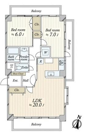 Floor plan. 2LDK, Price 64,800,000 yen, Occupied area 74.97 sq m , Balcony area 19.94 sq m