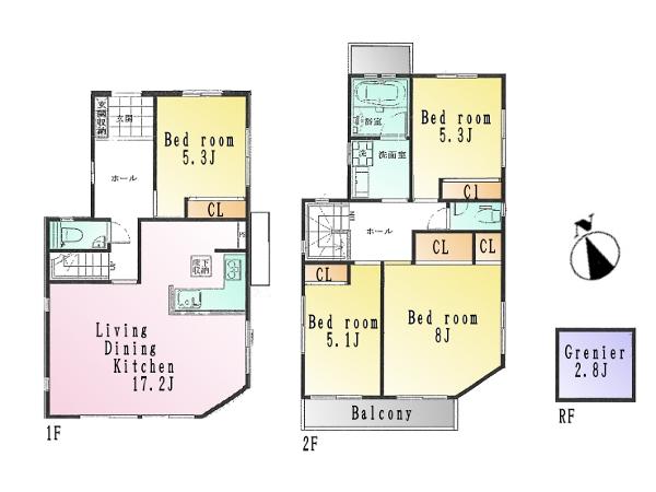 Floor plan. (3 Building), Price 74,800,000 yen, 4LDK, Land area 128.16 sq m , Building area 100.04 sq m