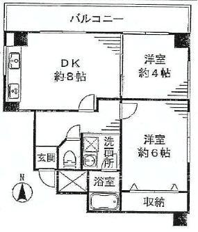 Floor plan. 2DK, Price 21,800,000 yen, Occupied area 43.43 sq m , Balcony area 8.26 sq m northeast corner dwelling unit, 2DK of 4 floor