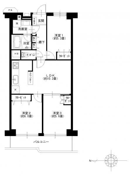 Floor plan. 3LDK, Price 29,900,000 yen, Footprint 61.6 sq m , Balcony area 7.6 sq m