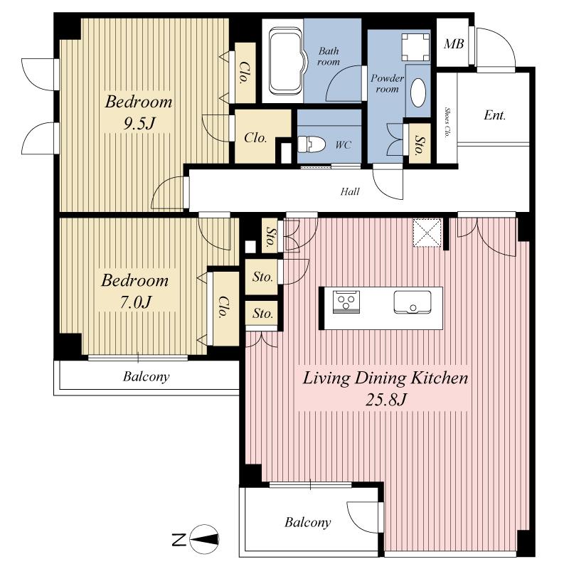 Floor plan. 2LDK, Price 69,800,000 yen, Footprint 100.99 sq m , Balcony area 9.09 sq m