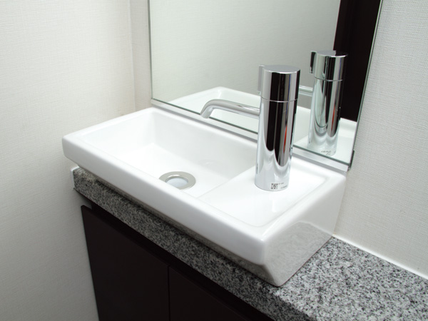 Toilet.  [With cabinet hand-wash counter] Set up a dedicated hand washing counter that employs a natural granite in the top plate. In the lower counter was secure storage.