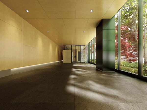 Shared facilities.  ["The ・ Grants "Entrance Hall Rendering] Upon entering the hotel, There is an entrance hall and spacious as the lobby. To spread a certain space of a height of about 5m, Spill light from the glass wall, It drifts pleasant sense of openness. The planting stuck to the view from space, Projecting the moisture and color become a magnificent four seasons of the screen. Natural stone, such as stuck to Shine, Carefully selected materials of texture rich materials and bright colors that reflect the shadow of light was coordinated.