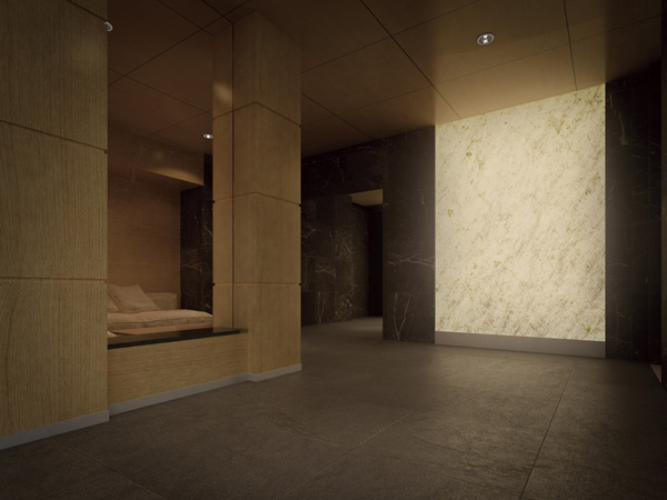 Shared facilities.  ["The ・ Brights "Entrance Hall Rendering] Entrance hall, Heavy look at natural that combines the natural stone and Sulfur butterfly material. The modeling of the combined pillar as objects, To feel the stylish life that overflows in the city center of sensibility, Delicate illumination effects and bold Japanese paper tone glass of light wall is further complemented the ingenious space beauty. Also, Community to become Owner's Lounge, Adopting the intelligence library style. It is held in the quality Naru space that scandal with the outside, Masu fun Me only spiritually rich time of the people who live.
