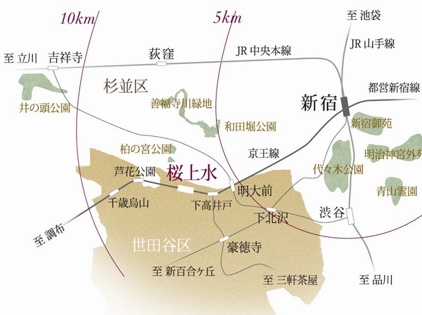 Area conceptual diagram of the distance area that starting from the Shinjuku