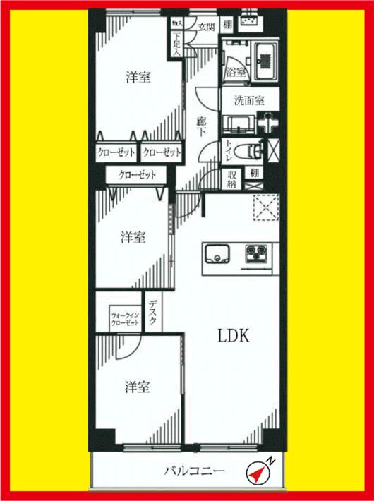 Floor plan. 3LDK, Price 49,800,000 yen, Occupied area 66.96 sq m , Balcony area 6.07 sq m