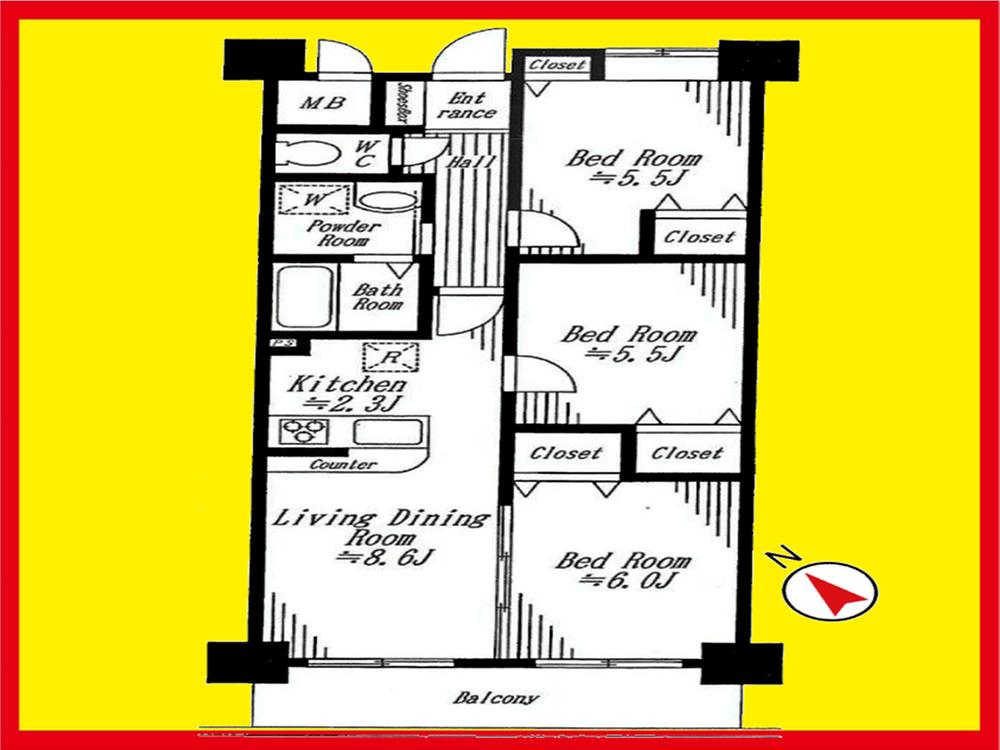 Floor plan. 3LDK, Price 33,980,000 yen, Footprint 59.2 sq m , Balcony area 7.11 sq m