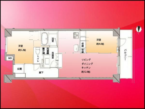 Floor plan. 2LDK, Price 46,900,000 yen, Occupied area 52.41 sq m , Balcony area 6.9 sq m