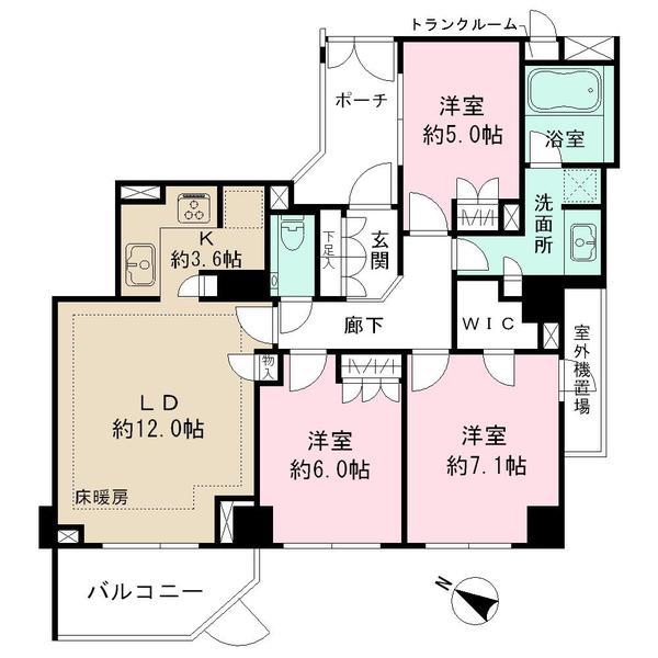 Floor plan. 3LDK, Price 56,800,000 yen, Occupied area 79.48 sq m , Floor heating on the balcony area 7.05 sq m living, There is storage space in each room