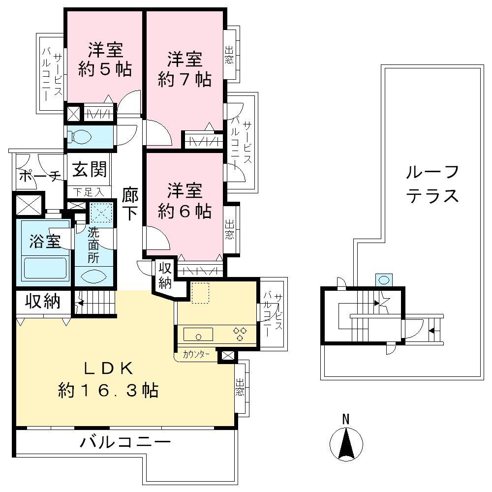 Floor plan. 3LDK, Price 69,800,000 yen, Occupied area 90.72 sq m , Balcony area 9.13 sq m