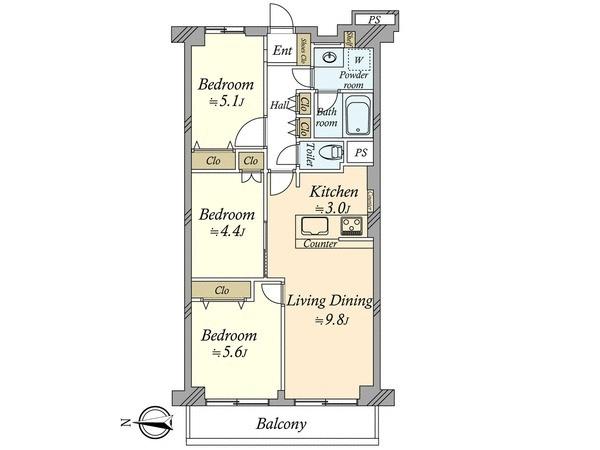 Floor plan. 3LDK, Price 29,900,000 yen, Footprint 61.6 sq m , Balcony area 7.6 sq m