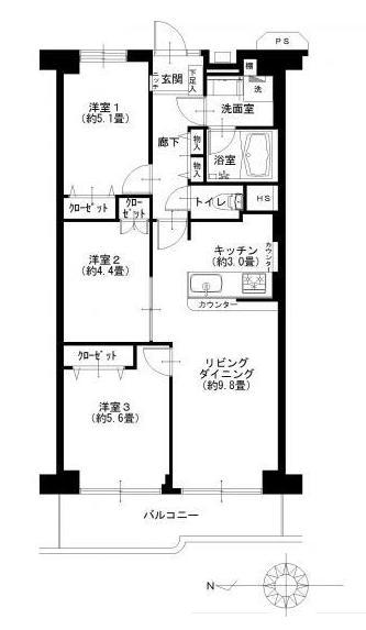 Floor plan. 3LDK, Price 29,900,000 yen, Footprint 61.6 sq m , Balcony area 7.6 sq m