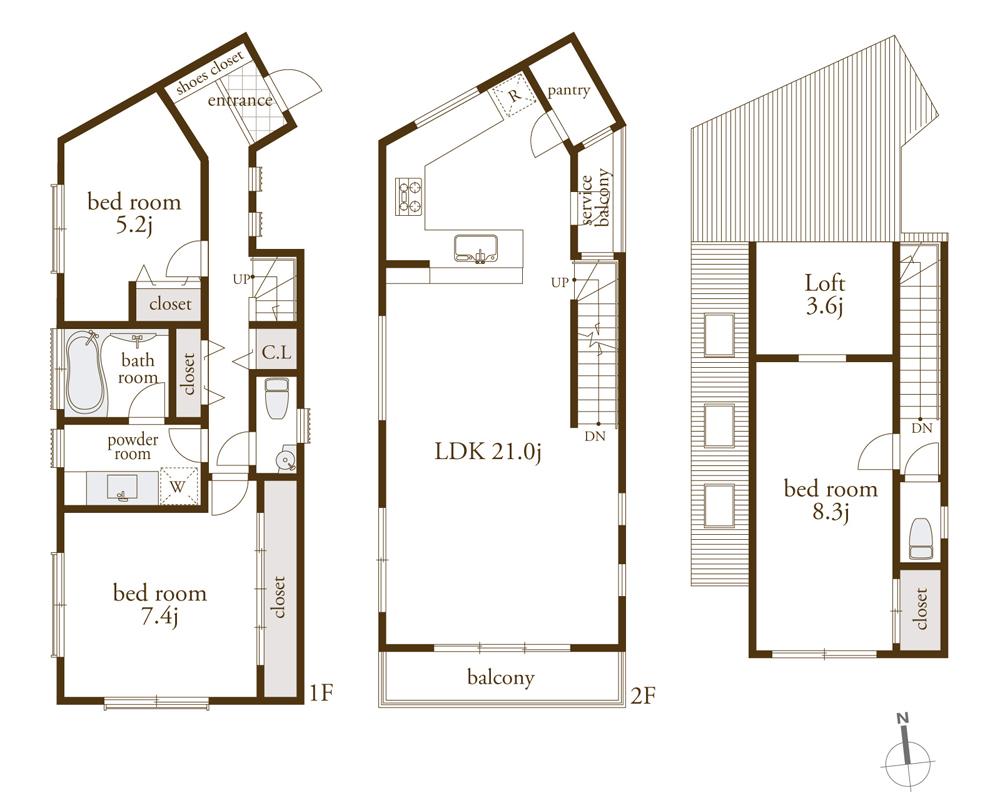 Building plan example (floor plan). Building plan example (A section) 3LDK, Land price 57,200,000 yen, Land area 96.06 sq m , Building price 17 million yen, Building area 104.86 sq m