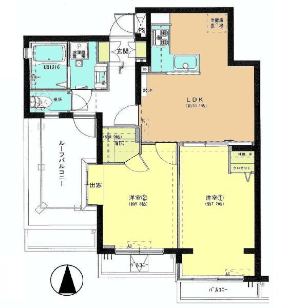 Floor plan. 2LDK, Price 32,900,000 yen, Occupied area 52.86 sq m balcony to the south and west (roof balcony)