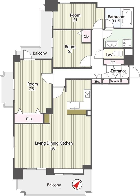 Floor plan. 3LDK, Price 53,800,000 yen, Occupied area 82.92 sq m , Balcony area 15.68 sq m south angle room, LDK19 Pledge, Interior renovation completed 3LDK