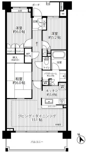 Floor plan. 3LDK, Price 53,800,000 yen, Occupied area 75.72 sq m , Balcony area 12.6 sq m