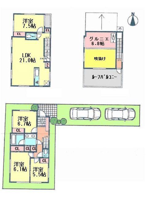 Compartment view + building plan example. Building plan example (D compartment total 94,170,000 yen) 4LDK + S, Land price 75,800,000 yen, Land area 135.86 sq m , Building price 18,370,000 yen, Building area 115.67 sq m