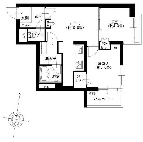 Floor plan. 2LDK, Price 30,900,000 yen, Occupied area 45.33 sq m , Balcony area 3.24 sq m