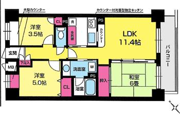 Floor plan. 3LDK, Price 35,800,000 yen, Occupied area 62.35 sq m , Balcony area 6.68 sq m