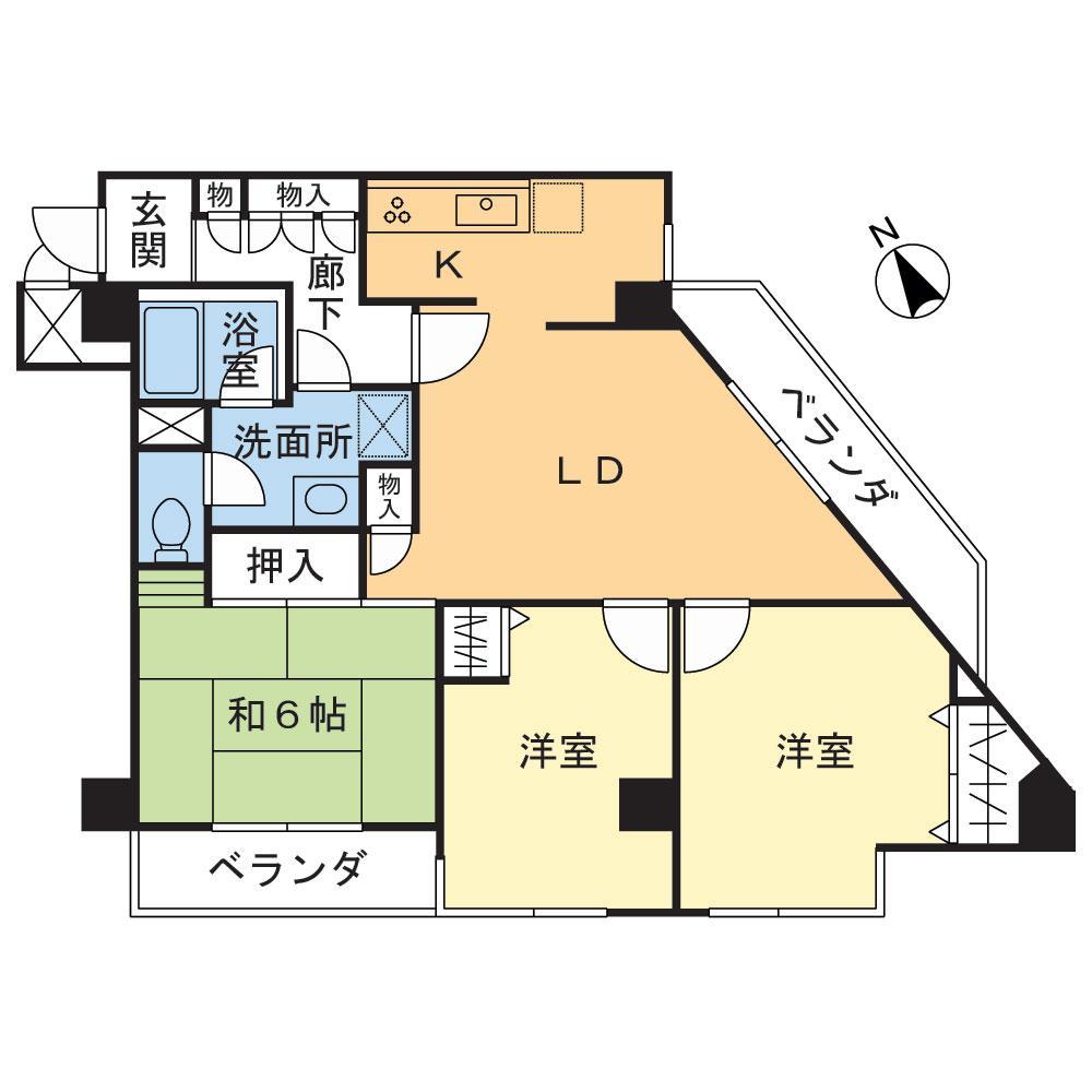 Floor plan. Southwestward, Corner dwelling unit