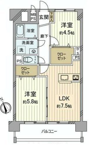Floor plan. 2LDK, Price 26,800,000 yen, Footprint 49.5 sq m , Balcony area 8.25 sq m