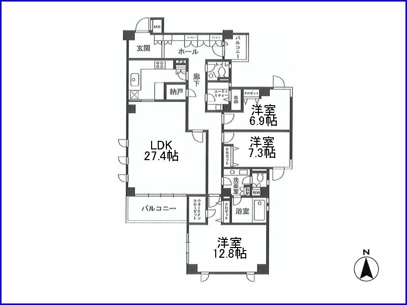 Floor plan. 3LDK, Price 108 million yen, Footprint 151.87 sq m , Balcony area 10.98 sq m