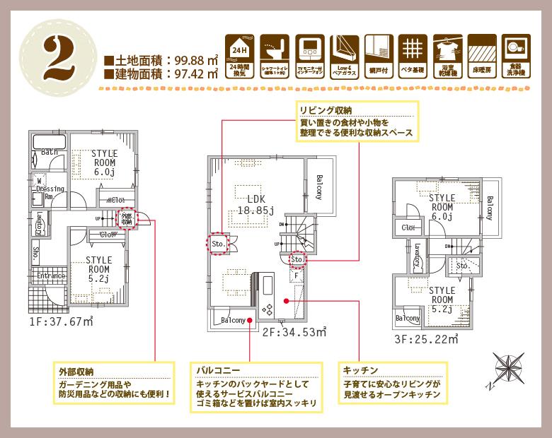 Floor plan. (Building 2), Price 53,900,000 yen, 4LDK, Land area 99.88 sq m , Building area 97.42 sq m