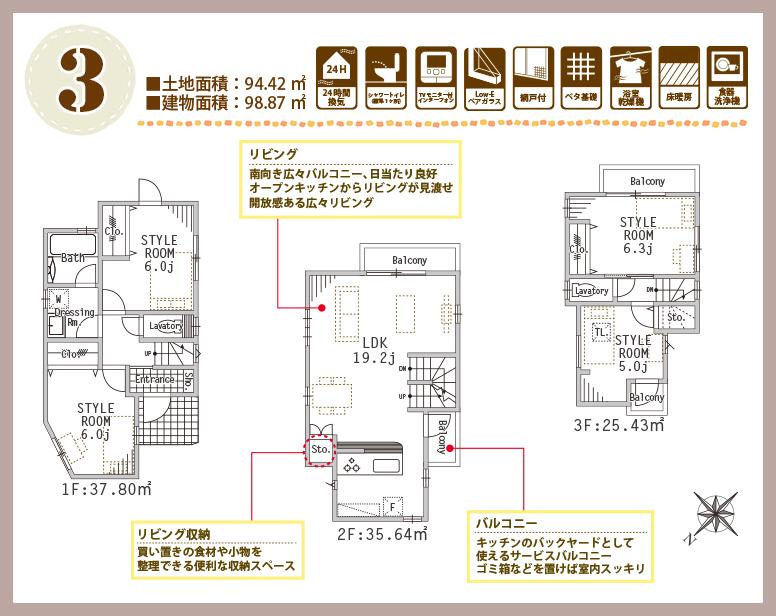 Floor plan. (3 Building), Price 54,900,000 yen, 4LDK, Land area 94.42 sq m , Building area 98.87 sq m