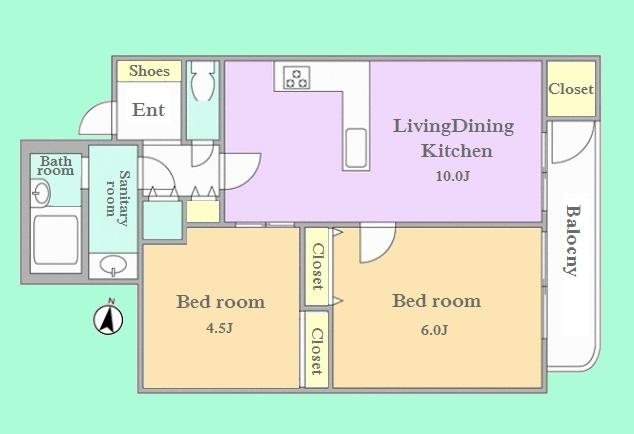 Floor plan. 2LDK, Price 23.8 million yen, Occupied area 46.05 sq m , Balcony area 3.16 sq m