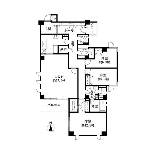 Floor plan. 3LDK, Price 108 million yen, Footprint 151.87 sq m , 3LDK and spacious, such as a balcony area 10.98 sq m corridor width