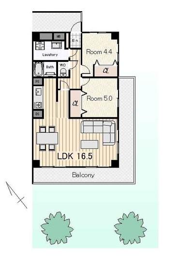 Floor plan. 2LDK, Price 28.6 million yen, Footprint 63 sq m , You look at the garden on the balcony area 12.71 sq m southeast angle room. Heisei full renovation to 17 years, It is a very beautiful state.