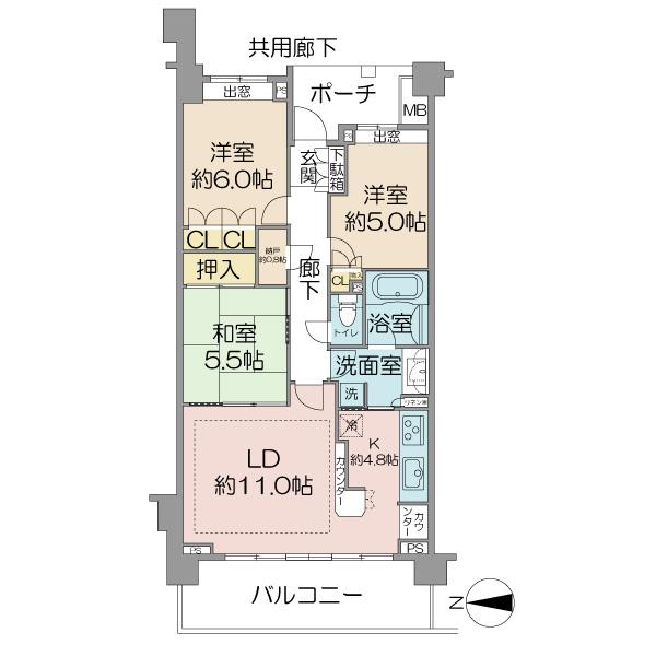 Floor plan. 3LDK, Price 53,800,000 yen, Footprint 74 sq m , Balcony area 13 sq m