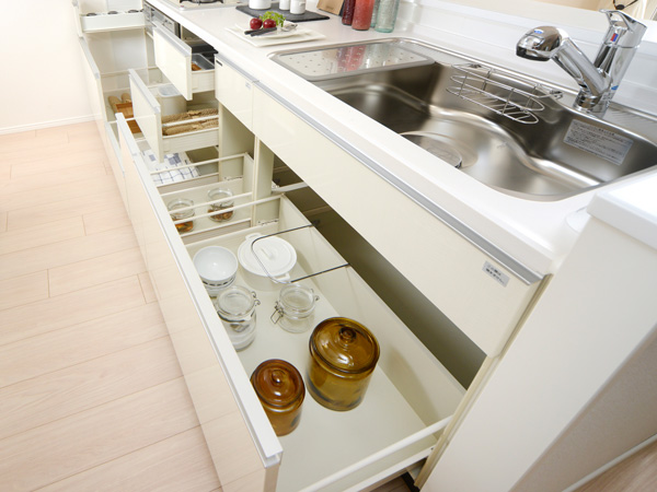 Kitchen.  [Out convenient slide storage] Adopt a sliding storage rack. Because even the back of the thing can and out easier, You can store plenty.