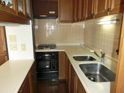 Kitchen. Gas stove is an installed L-shaped kitchen