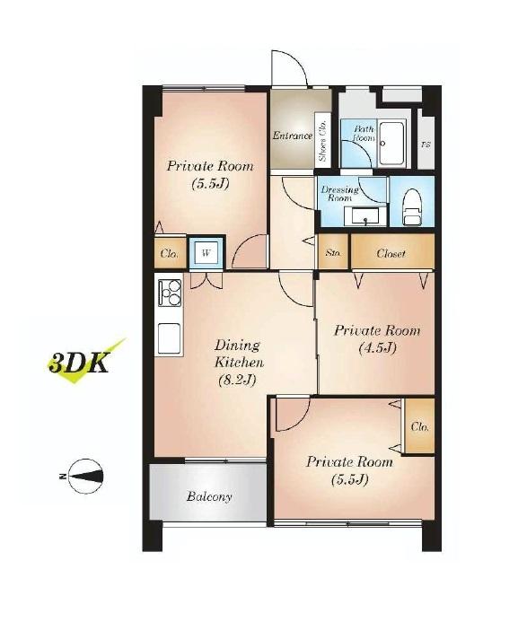 Floor plan. 3DK, Price 23,980,000 yen, Occupied area 59.22 sq m , Balcony area 3.91 sq m