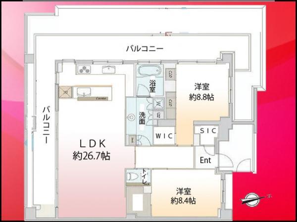 Floor plan. 2LDK, Price 99,800,000 yen, The area occupied 100.8 sq m , Balcony area 41.47 sq m
