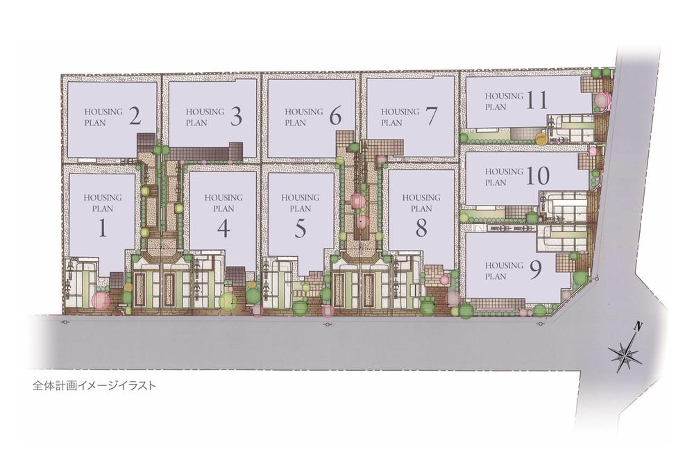 The entire compartment Figure. Planning areas, Corner lot facing the south and east of the road. So as to surround the 11 House of town, By applying a British stone paving and colorful planting, To form a beautiful cityscape with a sense of unity. Further approach, It creates a space in which color is natural.
