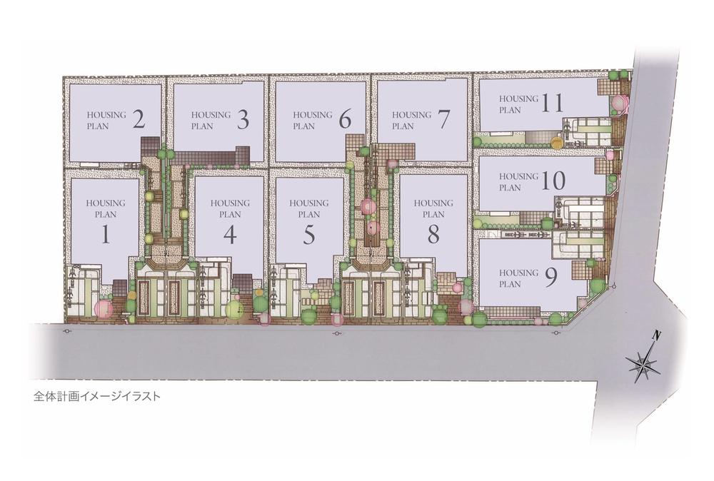 The entire compartment Figure. Planning areas, Corner lot facing the south and east of the road. So as to surround the 11 House of town, By applying a British stone paving and colorful planting, To form a beautiful cityscape with a sense of unity. Further approach, It creates a space in which color is natural. 