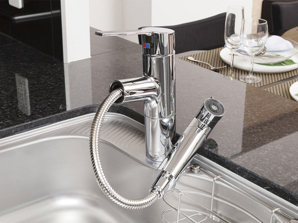 Kitchen.  [Water purifier built-in shower faucets] Adopt a water purifier built-in shower faucet with a convenient pull-out head to clean the sink.