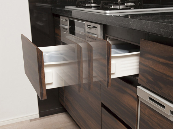 Kitchen.  [Soft-close function with slide storage] Drawer system Kitchen, Open door is soft with close function that closes smoothly ease the shock. (Except for some)