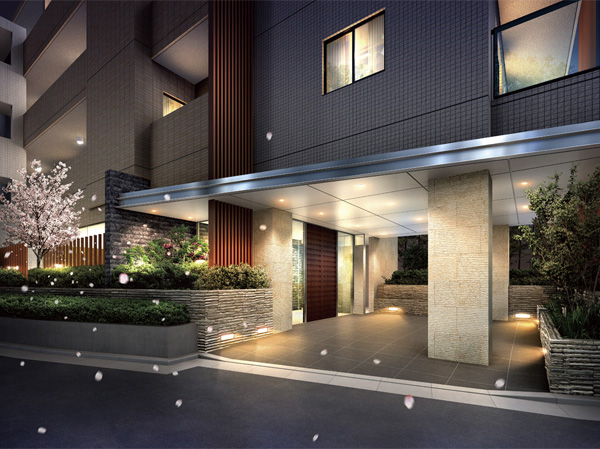 Shared facilities.  [Zenteiminami facing planning] Away from the main road, Relaxed some quiet residential area. Taking advantage of the site shape in contact with the three-way on the road, Achieve a sense of independence placement. Lighting rich Zentei south-facing distribution building plan. (Entrance Rendering ※ Rendering of the web is one that caused draw based on the drawings, In fact and it may be slightly different. Also, gutter ・ Other equipment, etc. have been omitted)